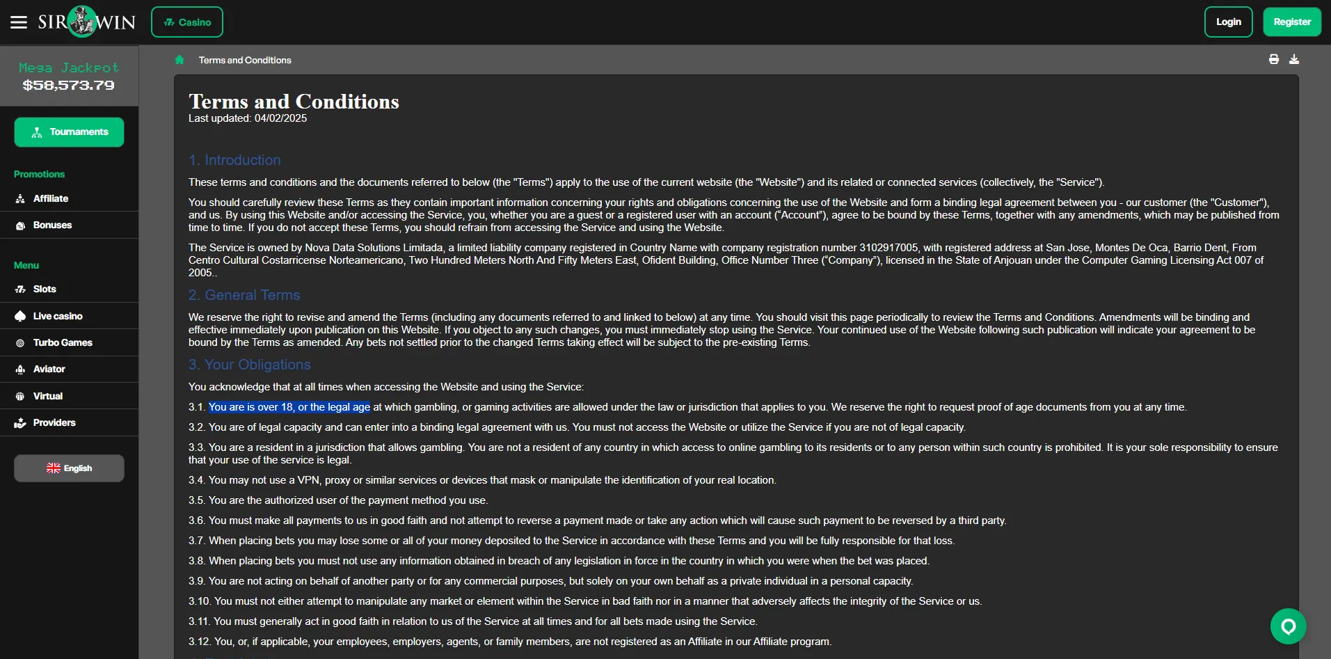 Sirwin Eligibility Screenshot of Sirwin's terms and conditions